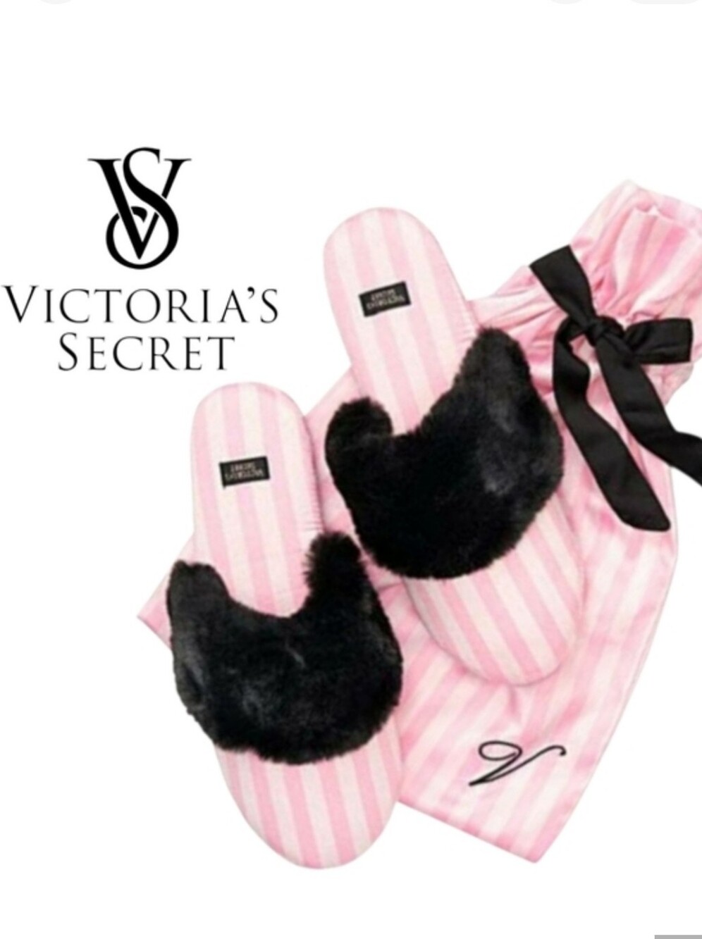 Victoria Secrets Pink Heritage Stripe Satin + Faux Fur Slippers+travel Bag NEW